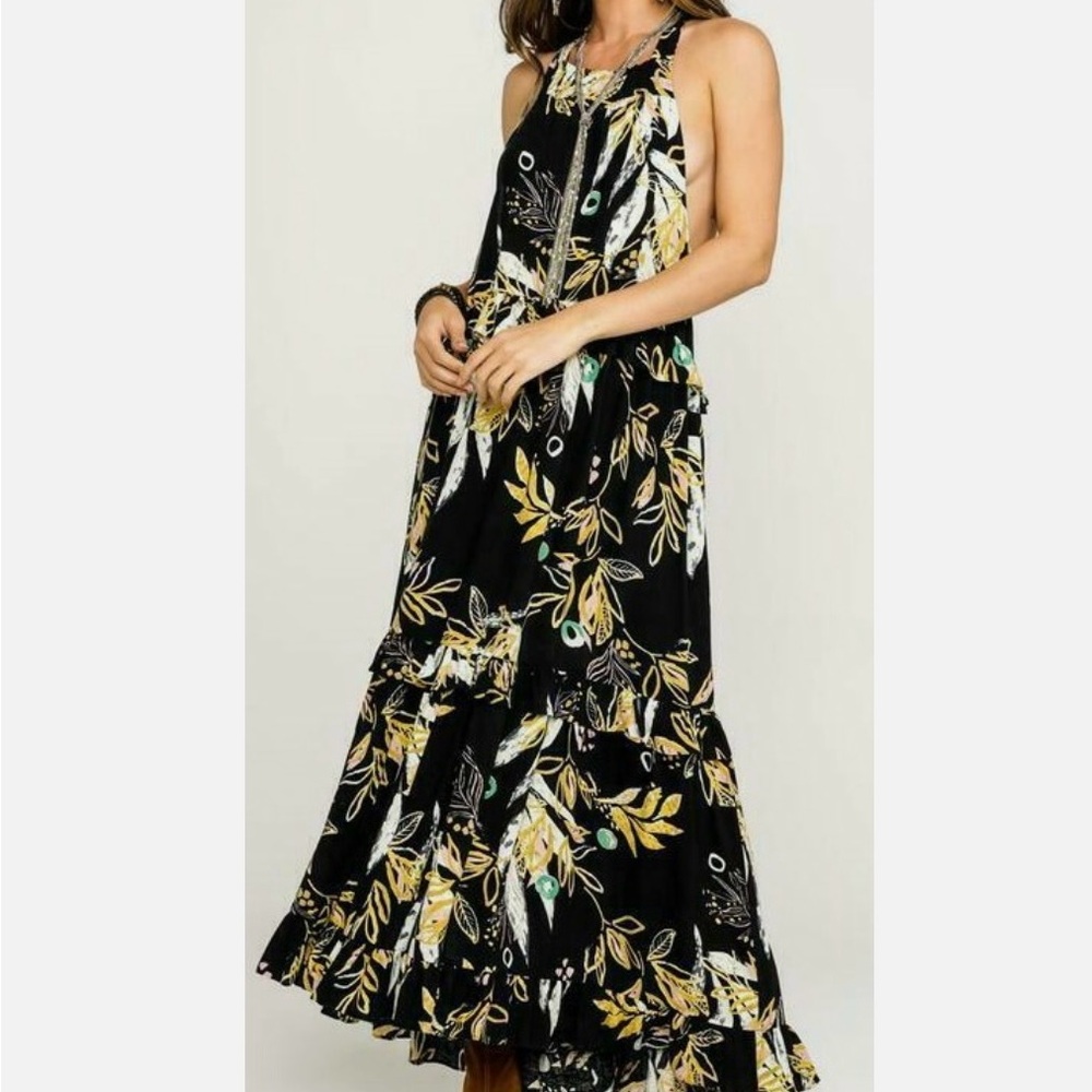 Free People Anita Maxi Dress XS Black Multiprint Woven Cotton Style OB985386